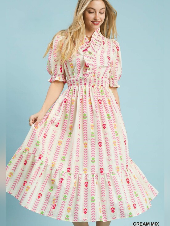 Umgee Dresses & Skirts - Umgee Cream Mix Floral Stripe Midi Dress - Pink & Green